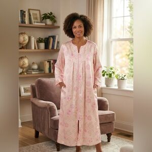 Vintage Miss Elaine Housecoat Pink Floral Quilted Full Zip Sleepwear Robe Large
